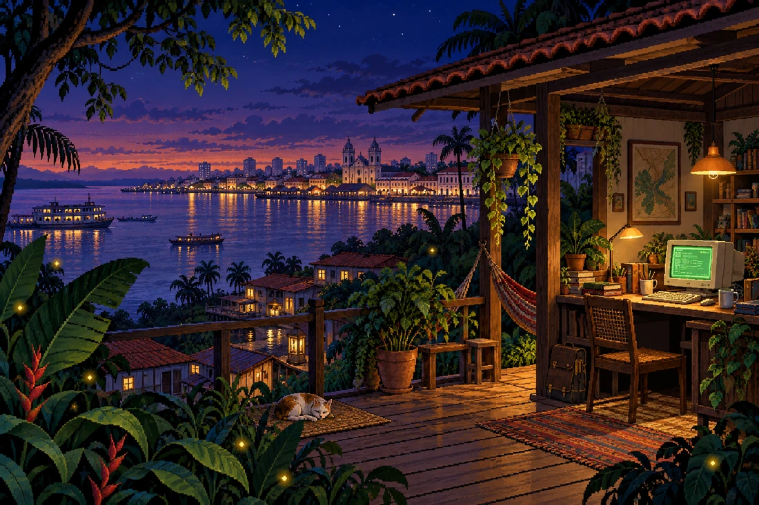 Ilustração em pixel art de um refúgio de programação às margens de um rio amazônico