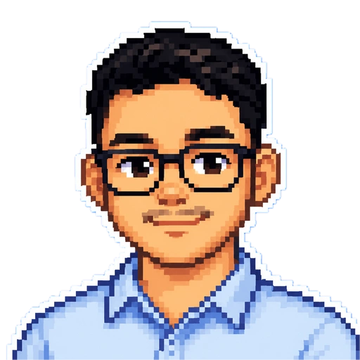 Retrato de Felipe Vidal em pixel art, de óculos e camisa azul