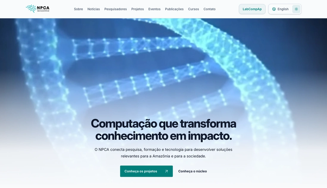 Captura da página inicial do site do NPCA, com navegação e apresentação do núcleo